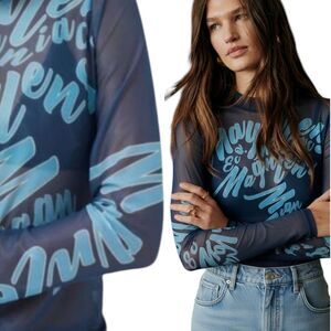 Magnlens navy blue sheer mesh cursive print mock neck top size L  Nwot ECHO